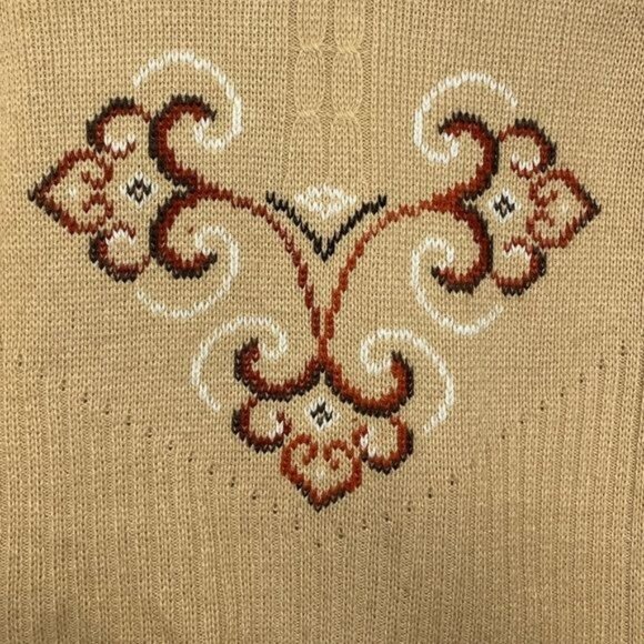 Vintage 1970s DKP Beige Knit Sweater With Ornate Embroidered Pattern Size XL - Picture 4 of 8